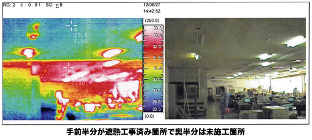 手前半分が遮熱工事済み箇所で、奥半分は未施工箇所