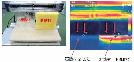 断熱材と遮熱材の輻射熱照射比較テストの写真
